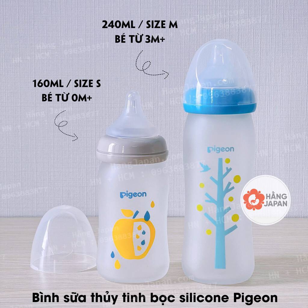Bình sữa thuỷ tinh Pigeon cho bé bọc Silicon siêu nhẹ 160ml/240ml hàng nội địa nhật