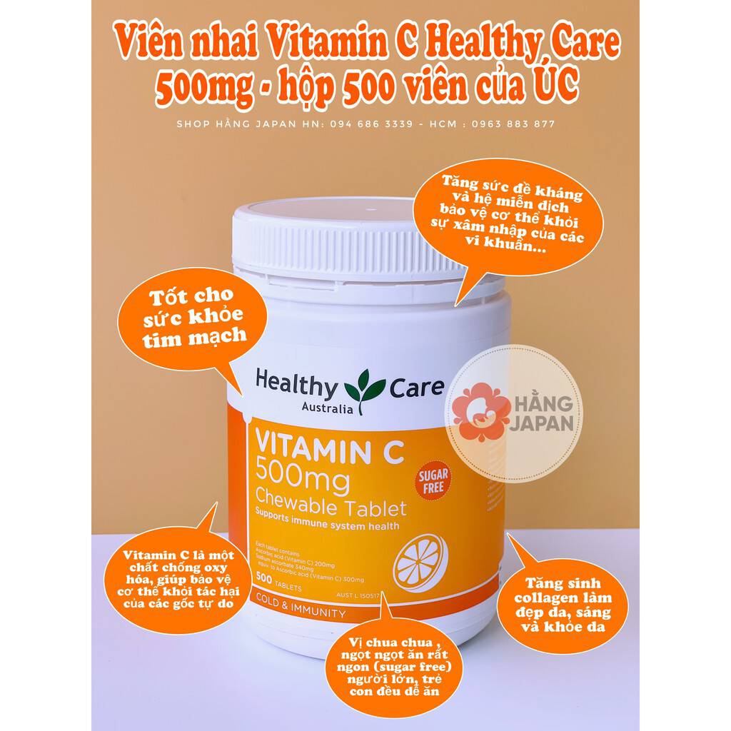 Viên nhai Vitamin C 500mg Healthy care - Hàng Úc