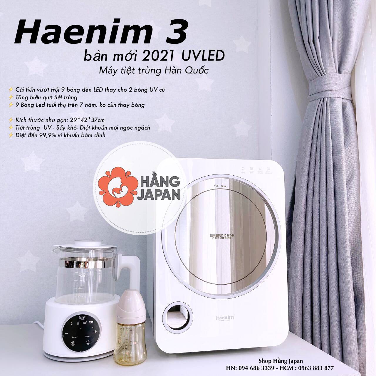 Máy tiệt trùng sấy khô bình sữa UV Haenim 3, 9 bóng LED diệt khuẩn tối ưu